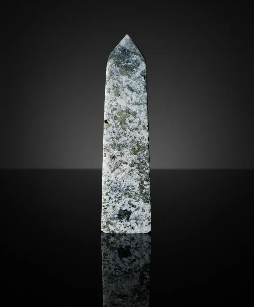 close up pyrite tower showing blues and silver colors