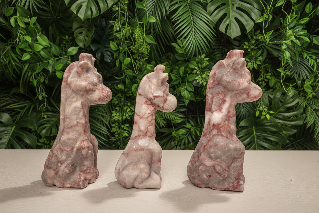 Side view of three red vein jasper carved giraffes 