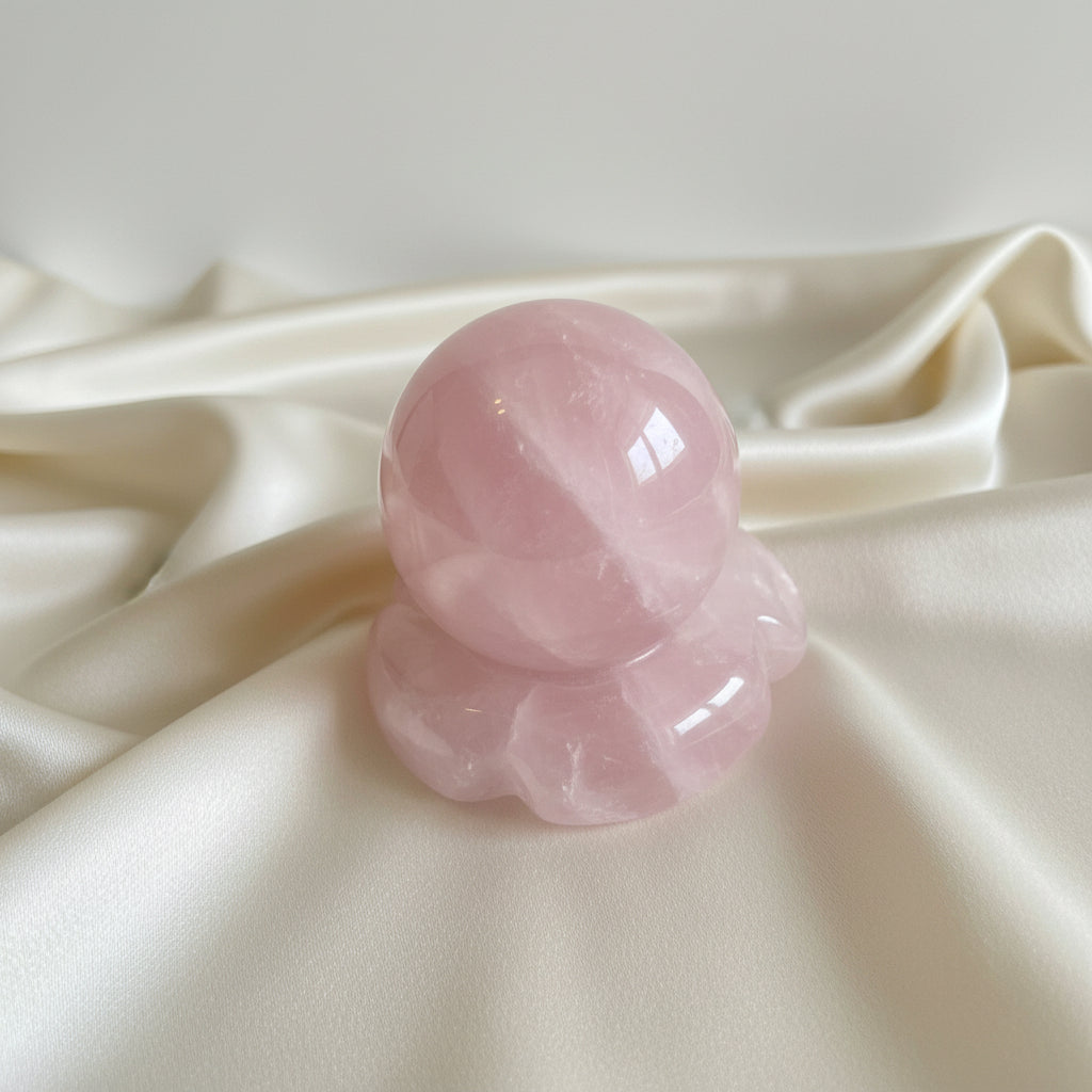 rose quartz sphere on a rose quartz worry stone as a stand 