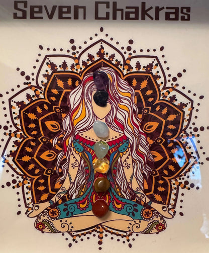 Buddha spirit chakra set with oak frame and gemstones