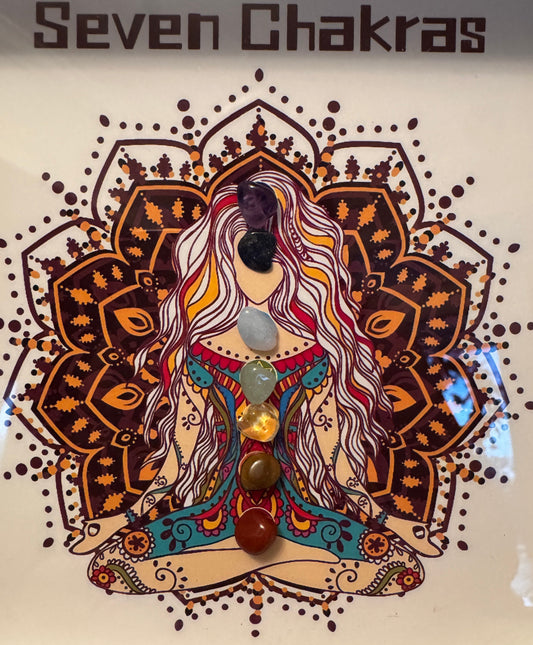 Buddha spirit chakra set with oak frame and gemstones