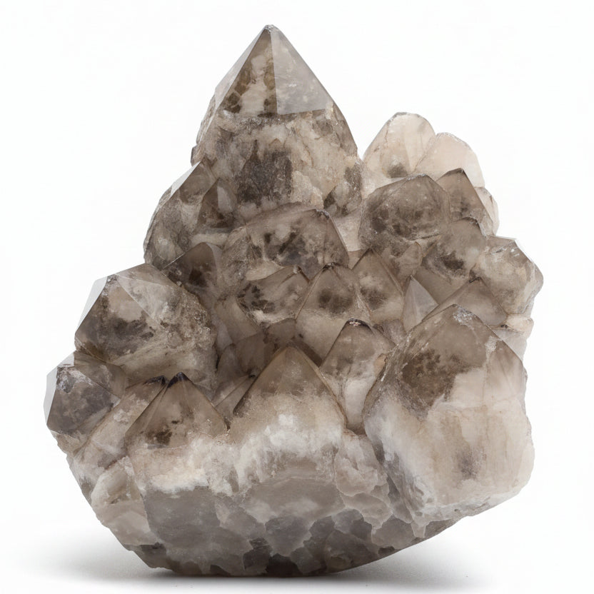 A natural smoky quartz crystal cluster with multiple pointed tips, displayed on a light-colored surface 