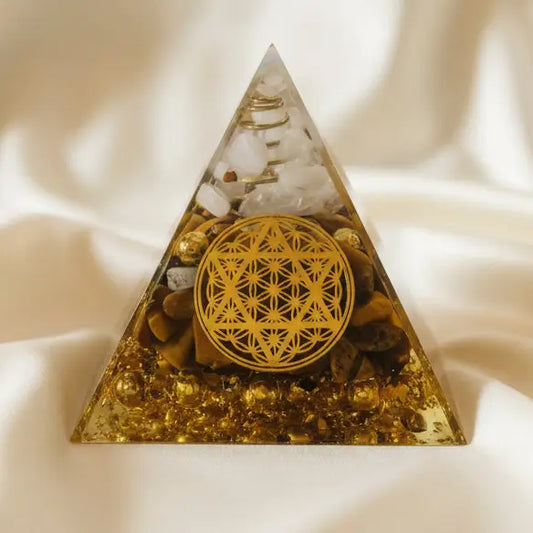 Tigers eye clear quartz and copper bits and coil orgonite pyramid