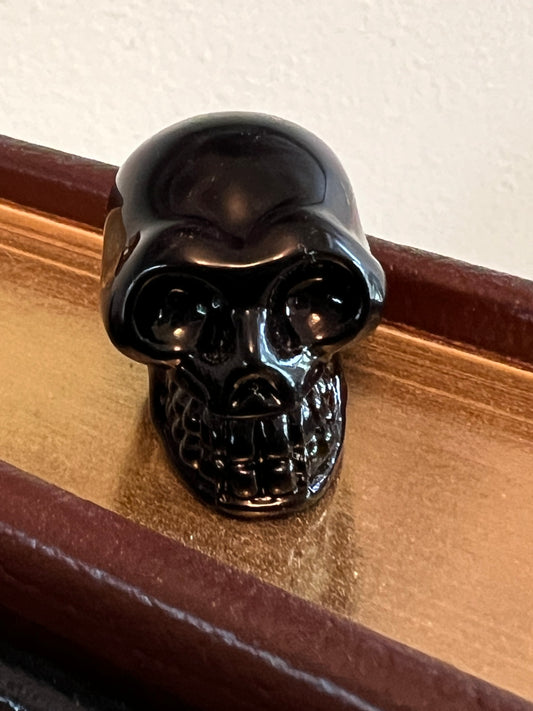 Glossy black skull figurine on a gold surface with a brown trim. 
