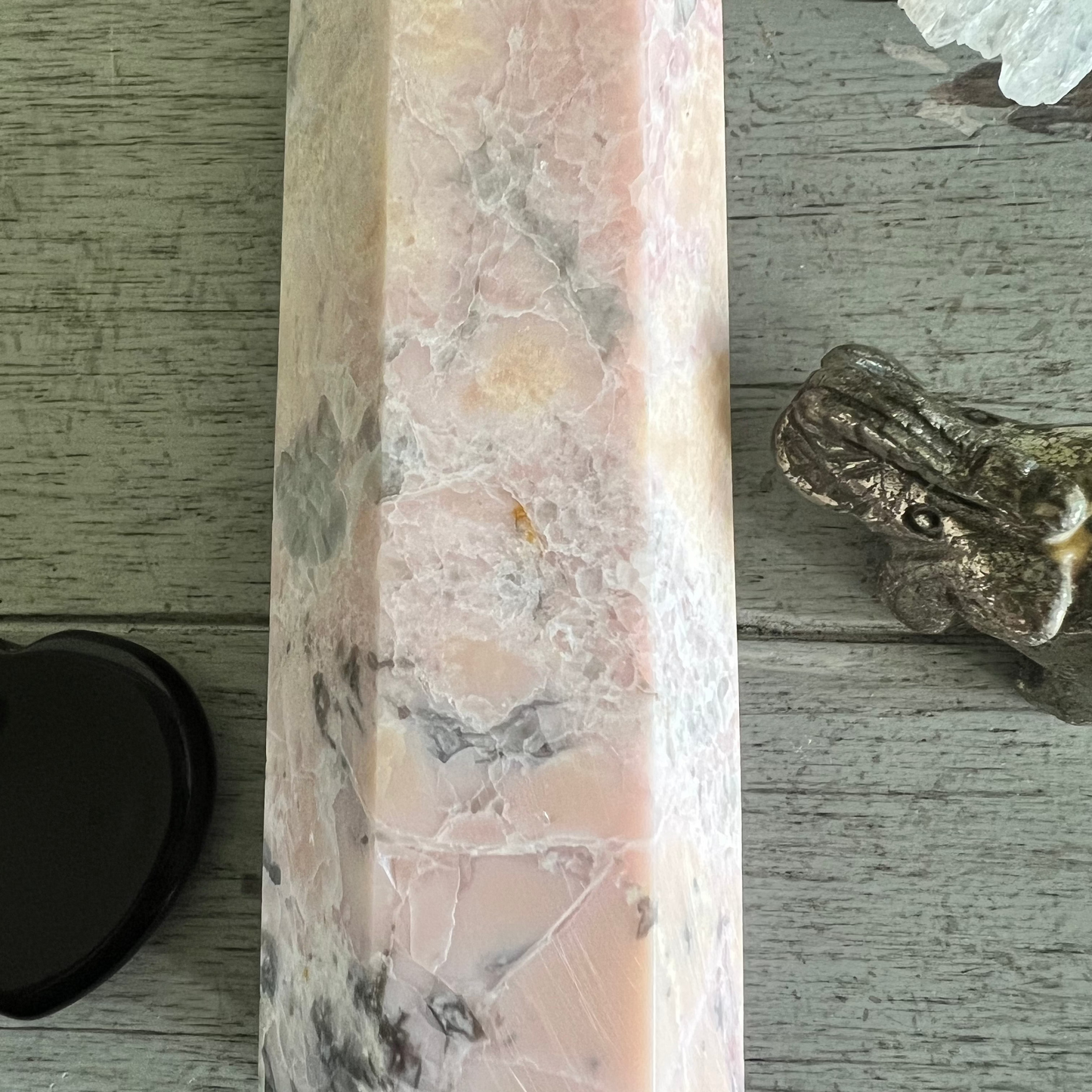 Pink Opal tower crystal set with Clear Quartz and accents