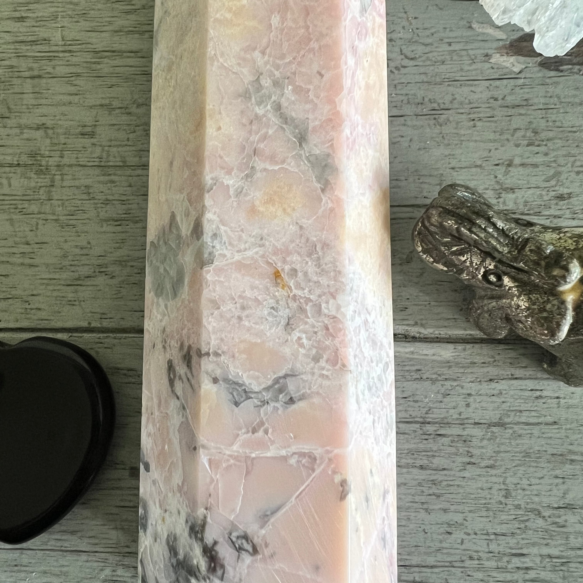 Pink Opal tower crystal set with Clear Quartz and accents
