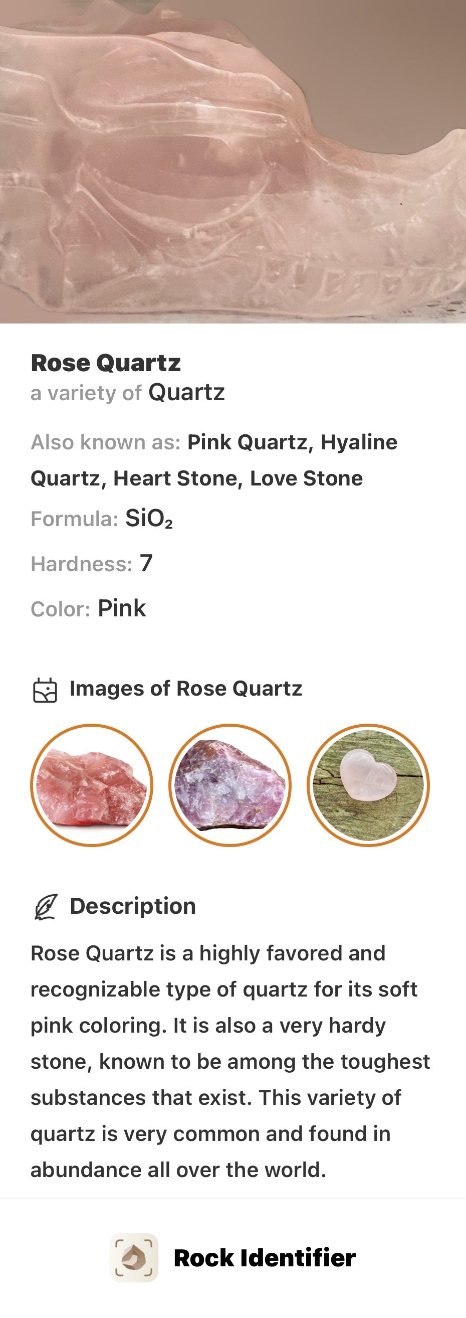 Close-up of information about Rose Quartz, including its properties and appearance.