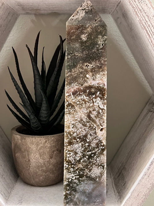 Wooden shelf with succulent in tan pot and pointed, decorative mineral.