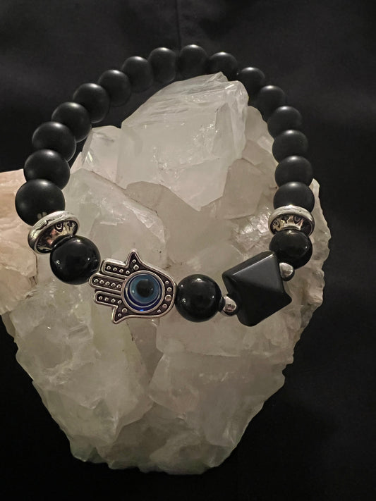 Black Obsidia Bracelet with Black Obsidian and Hamsa Charm - Main Street Crystals & Minerals