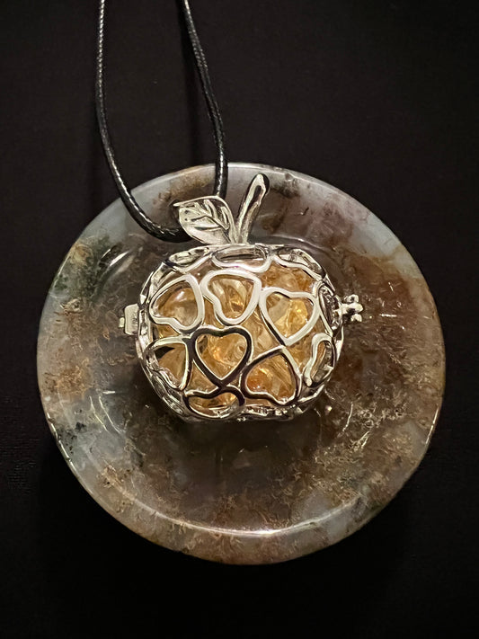 A silver apple pendant with a gold center on a brown and beige stone.
