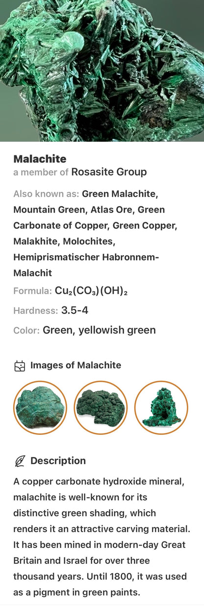 A green mineral called malachite, with information about its chemical formula, hardness, and other names.
