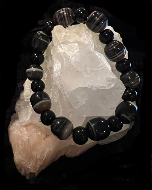Black Banded Agate 8mm & 10x12mm Beads Bracelet - Main Street Crystals & Minerals
