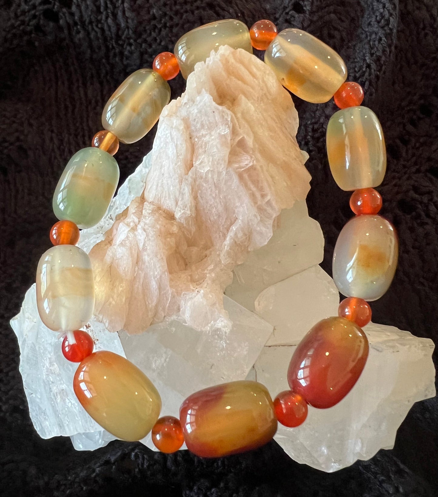 Carnelian Agate Bracelet 6mm & 12x25mm bead Bright Orange colors Larger rectangular Beads with small Sphere shaped carnelian spacer beads