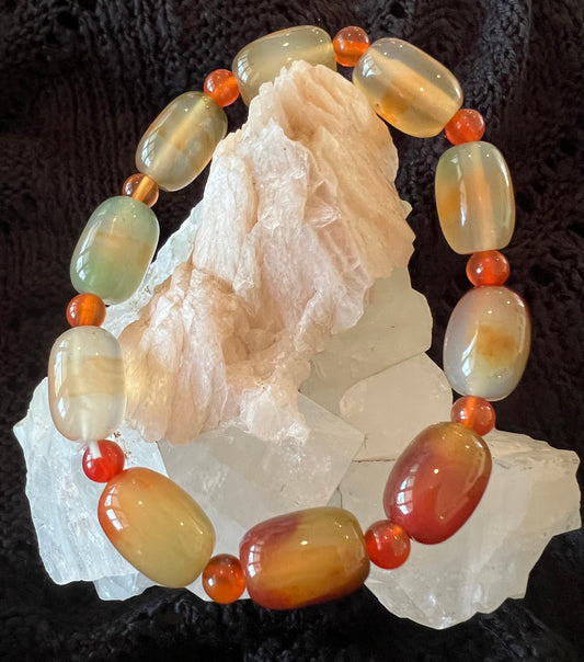 Carnelian Agate Bracelet 6mm & 12x25mm bead Bright Orange colors Larger rectangular Beads with small Sphere shaped carnelian spacer beads
