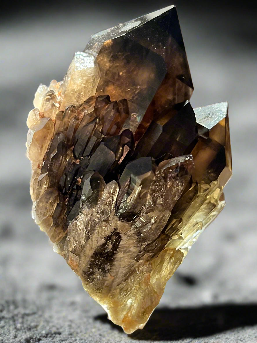 Natural Smoky Quartz Cluster Close Up Beautiful details and points rich brown colors 